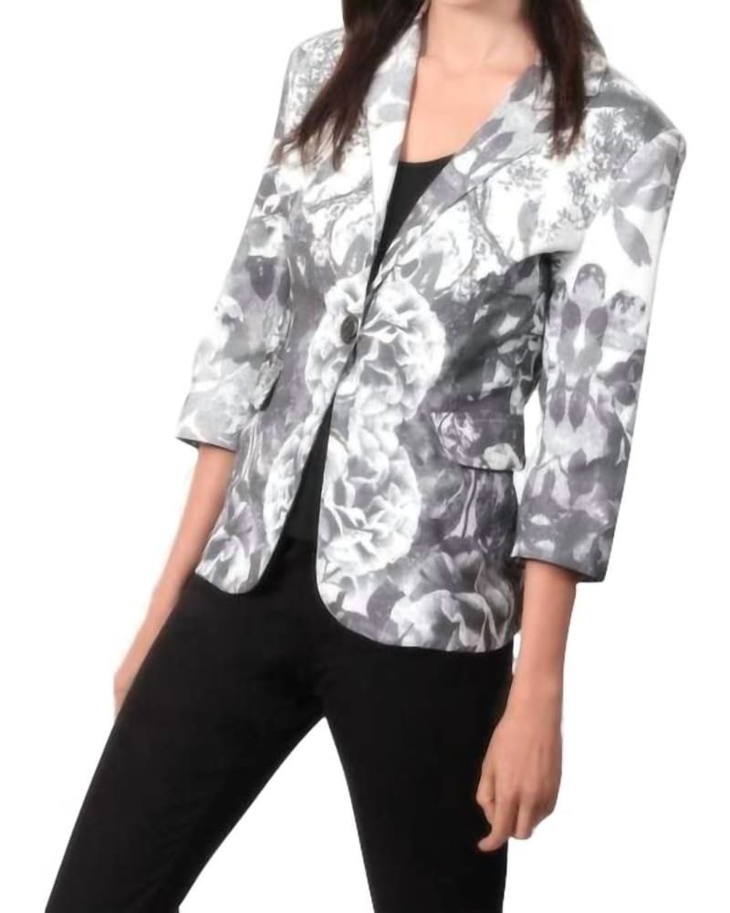Front of a model wearing a size LG Natural Kaleidoscope Blazer in Ivory/Gray in Ivory/Gray by ANGEL. | dia_product_style_image_id:326118